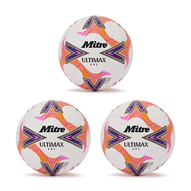 Mitre Ultimax One 26 Football - 3 Ball Deal (Size 5 White/Orange/Purple)